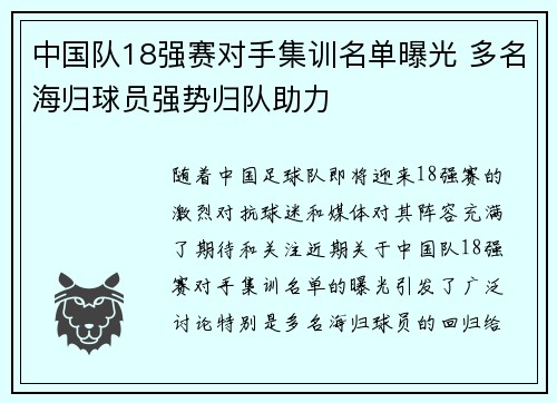 中国队18强赛对手集训名单曝光 多名海归球员强势归队助力 中国队18强赛对手集训名单曝光 多名海归球员强势归队助力