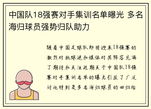 中国队18强赛对手集训名单曝光 多名海归球员强势归队助力 中国队18强赛对手集训名单曝光 多名海归球员强势归队助力